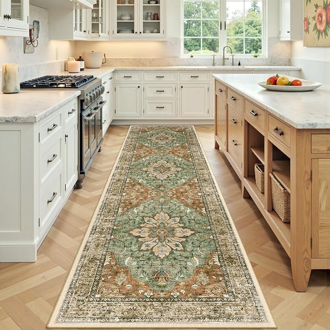 Area Rugs 2'x7' Washable Non-Slip, Floral Vintage Distress Print Pattern Medallion Carpet for Living Room Bedroom Dining Room, Brick Red Rust Neutral Brown Burnt Orange Green