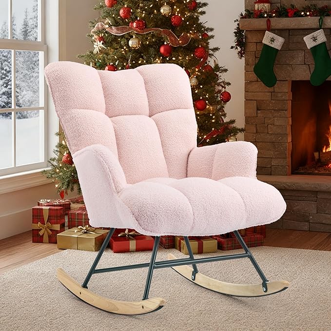 Rocking Chair Nursery Teddy Upholstered Glider Rocker Rocking Accent Chair Padded Seat with High Backrest Armchair Comfy Side Chair for Living Room Bedroom Offices (Pink Teddy)