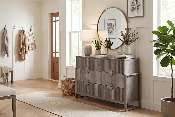 LGHM Fluted Dresser for Bedroom with 6 Drawers, Modern 6 Drawers Dressers with Semicylinder Fluted, Solid Chest of Drawers, 50" W Dresser with Bold Steel Frame, Metal Handles, Gray