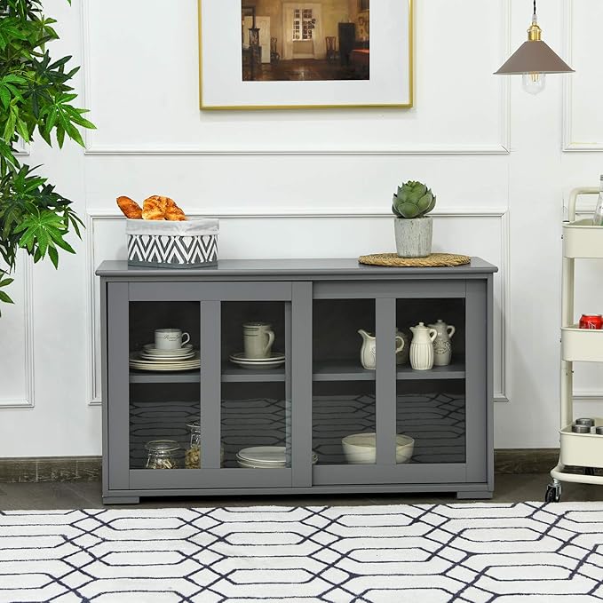 Costzon Sideboard Buffet Cabinet, Wooden Kitchen Storage Cabinet with Adjustable Shelf, Sliding Glass Doors, Accent Coffee Bar Cabinet Console Table for Living Room, Dining Room, Hallway (Grey)