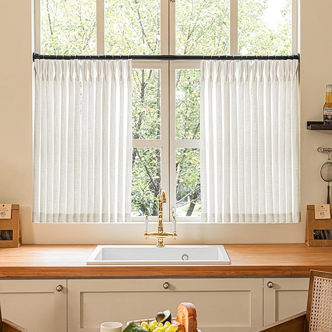 Pinch Pleated Linen 36 Inch Length Kitchen Curtains 2 Panels Set Privacy Light Filtering Semi Sheer Boho Small Curtains Bathroom Window Neutral Sheer Short Cream Ivory Drapes for Front Door RV Camper