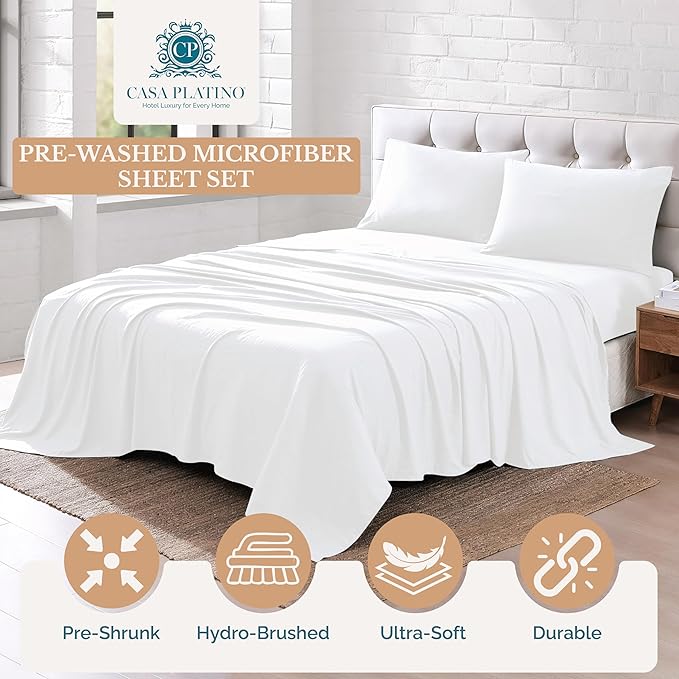 Casa Platino Twin Sheets Set, 100% Brushed Microfiber Pre-Washed Twin Sheet Set, 3 Piece Set, Soft & Cozy Cooling Bedding, Fade-Resistant, 15-Inch Deep Pocket White Bed Sheets