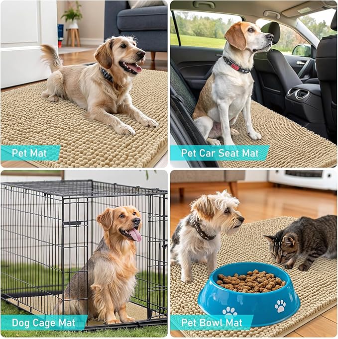 OLANLY Dog Door Mat for Muddy Paws 70x35, Absorbs Moisture and Dirt, Absorbent Non-Slip Washable Doormat, Quick Dry Chenille Mud Mat for Dogs, Entry Indoor Entryway Carpet for Inside Floor, Beige