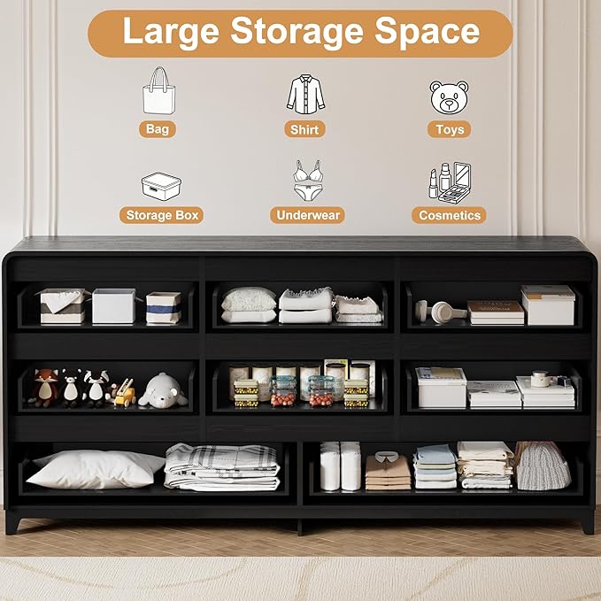 3 Pcs Bedroom Furniture Set, 8 Drawer Fluted Dresser and Nightstand Set of 2 with Charging Station, Modern Bed Side Table Chest of Drawers Storage Cabinet Set for Bedroom, Living Room, Black