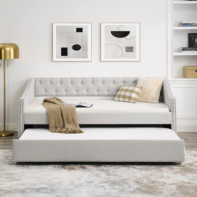 Favfurish Twin Size Daybed with Trundle,Linen Upholstered Sofa Bed W/Button on Back & Copper Nail on Waved Shape Armrests,Space Saving,No Spring Box Need,Wood Bedframe for Living Room Bedroom,Beige