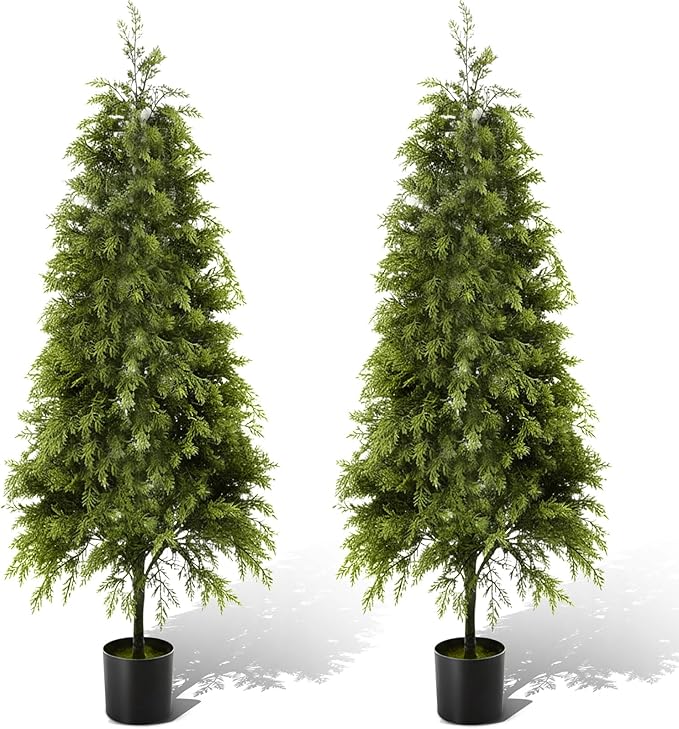 Giegxin 2 Pack 4ft Artificial Cedar Topiary Trees with Planter Outdoor Christmas Tree Decorations Faux Cypress Plants UV Resistant Potted Bushes Faux Shrubs for Outdoor Indoor Front Door Porch Garden