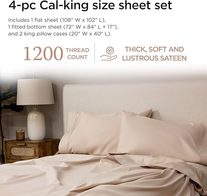 Threadmill Supima Cotton Sheets, 1200 Thread Count Soft 100% Cotton Sheets for Cal King Size Bed, 4 Pc Beige Cal King Bed Sheets Set, 5-Star Hotel Quality with Elasticized Deep Pocket King Sheet