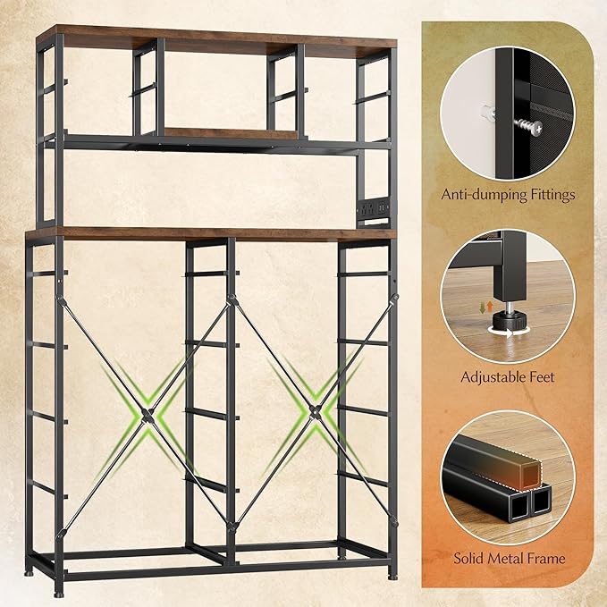 EnHomee 62.8" H Dresser for Bedroom with 14 Drawers,Fabric Dresser with Charging Station and LED Lights,Dressers & Chests of Drawers for Bedroom, Steel Frame & Wooden Top,Rustic Brown