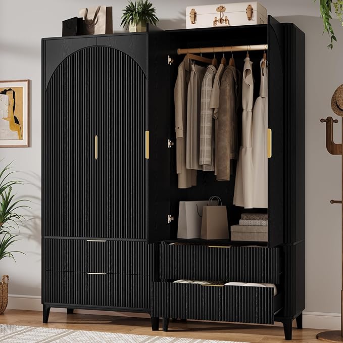 70.1" Arched Wooden Armoire Wardrobe Closet with 2 Doors and 2 Drawers, Fluted Bedroom Armoire with Hanging Rod Shelf, Clothing Storage Cabinet, Wardrobe Armoire Closet Cabinet for Bedroom