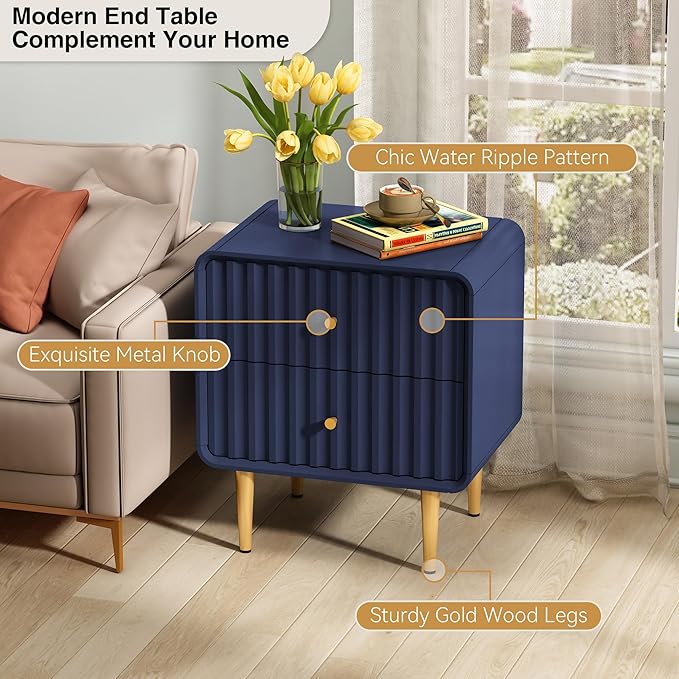 HLR Modern Nightstand Set of 2, Fluted Bed Side Table with 2 Drawers Storage, Wood End Table with Gold Metal Handle, Blue Night Stands for Bedroom
