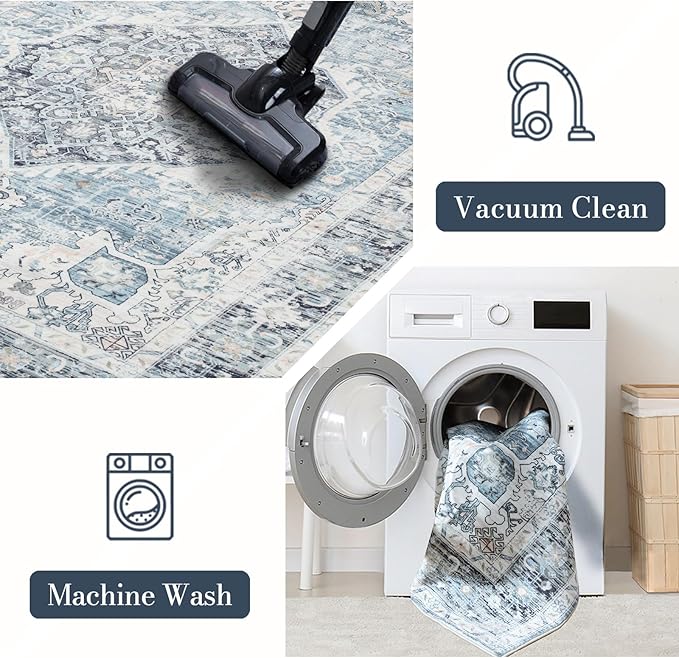Area Rug 9×12, Large Vintage Boho Rug,Ultra-Soft Low Pile, Washable, Non Slip,Stain Resistant, Printed Carpet for Living Room Bedrooms Playroom Office Kitchen, Light Blue