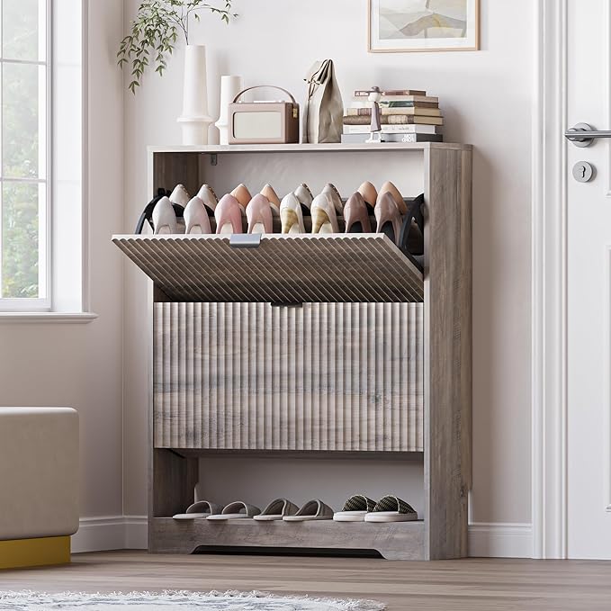 Shoe Cabinet with 2 Flip Drawers, Fluted Shoe Storage Cabinet with Adjustable Shelves, Freestanding Rack and Organizer for Entryway, Closet, Hallway