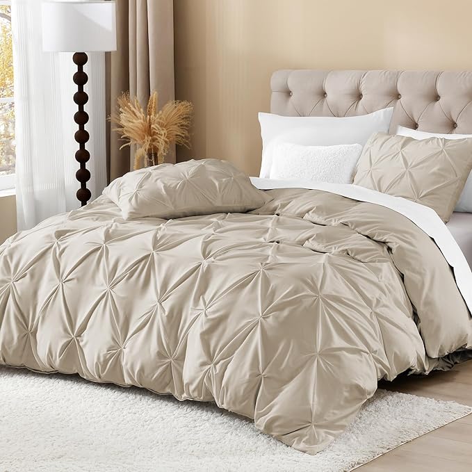 Litanika Oatmeal Pinch Pleat Duvet Cover King, 3 Pieces Pintuck Soft Microfiber Bedding Set with Zipper Closure & Corner Ties(104x90Inch-1 Duvet Cover, 2 Pillowcases)