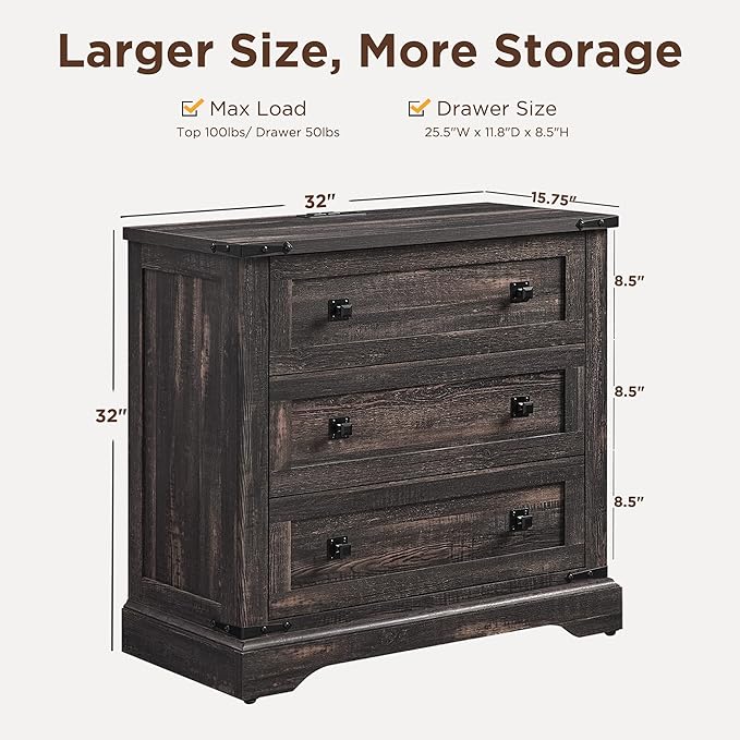 T4TREAM 32" Farmhouse Nightstand with Charging Station, Large End Table with 3 Storage Drawers, Rustic Wood Bedside Table for Bedroom, Living Room, Dark Rustic Oak