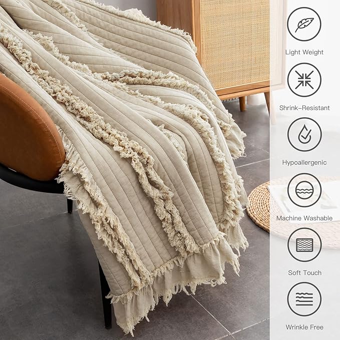 Ultra Soft Pre-Washed Quilted Boho Beige Queen Size Blankets for Bed, Ruffle Fringed Decorative Throw, Stone Washed Chic Rustic Blanket for Sofa Couch Bed, 90"*90"