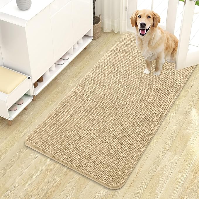 OLANLY Dog Door Mat for Muddy Paws 44x24, Absorbs Moisture and Dirt, Absorbent Non-Slip Washable Doormat, Quick Dry Chenille Mud Mat for Dogs, Entry Indoor Entryway Carpet for Inside Floor, Sand