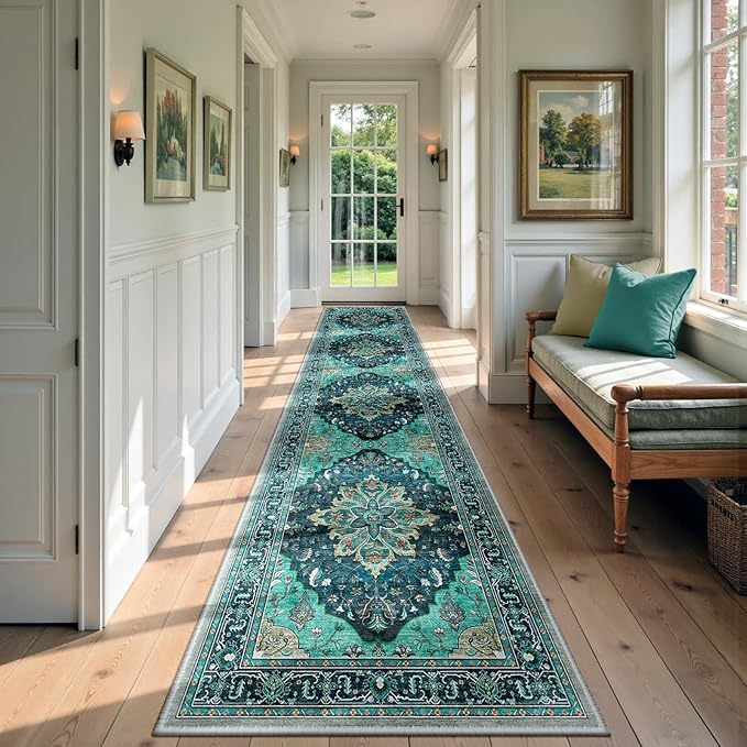 Area Rugs 2'6''x10' Washable Non-Slip, Floral Vintage Distress Print Pattern Medallion Carpet for Living Room Bedroom Dining Room, Teal Green Lake Blue Turquoise