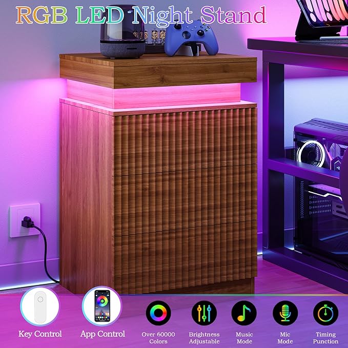 Nightstand with Charging Station & LED Lights, Small Modern Fluted Bedside & End Table with 3 Drawers, Sliding Top & Hidden Storage, Wooden Farmhouse Night Stand for Bedroom Office or Sofa, Walnut