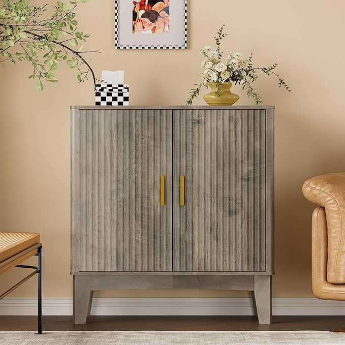 Storage Cabinet with Doors and Adjustable Shelf, Modern Fluted Sideboard Buffet Cabinet, Freestanding Coffee Bar for Kitchen, Pantry, Entryway, Living Room (Weathered Gray)