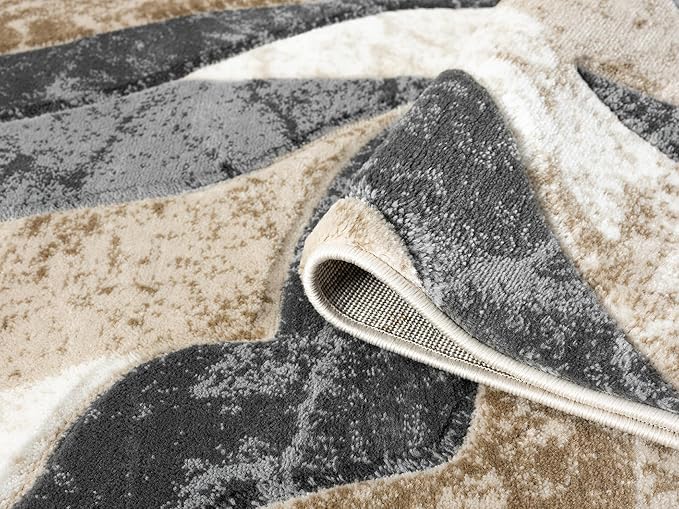 Modern Abstract Area Rug Hand Carved Contemporary Geometric Swirls Vibrant Colors Carpet for Living Room Bedroom Design PR1002 (Beige, 5' x 7')