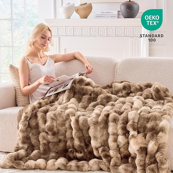 BENVWE Fluffy Faux Fur Throw Blanket for Couch - Soft, Plush, Thick, Cozy, Fuzzy Luxury Minky Bubble Blanket for Home Living Room Decor, Gifts for Women, Tie-dye Brown, 63" x 80", 1100GSM