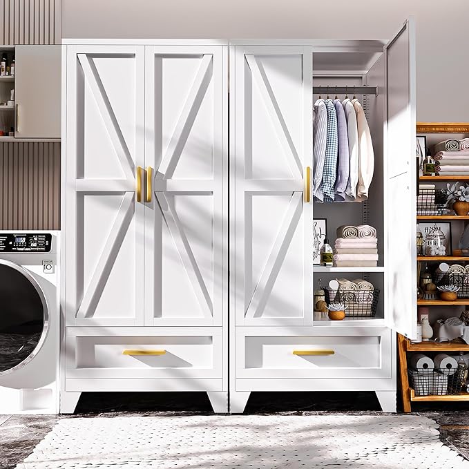 Metal Armoire Wardrobe Closet,71" Tall White Storage Cabinet with Hanging Rod,1 Drawers & 1 Adjustable Shelves,Heavy-Duty Steel Wardrobe for Bedroom, Garage, and Office