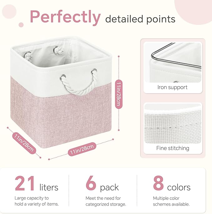 Cube Storage Bins, 6 Pack 11x11 inch with Cotton Handles for Closet, Shelves, Clothes, Towel (White/Pink)