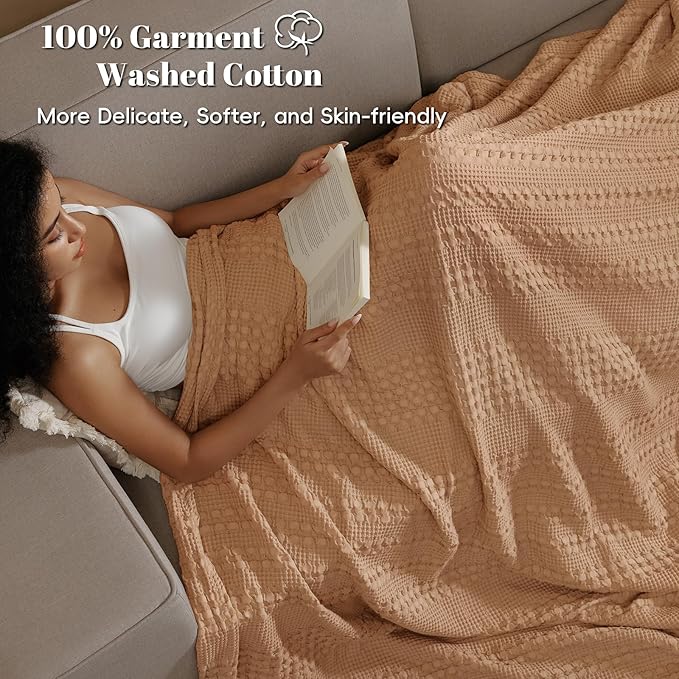 PHF 100% Cotton Waffle Weave Blanket King Size for Bed, Soft Lightweight & Breathable, All-Season Comfort, Luxury Aesthetic Woven Bedding for Home Decor, 108"x90", Clay