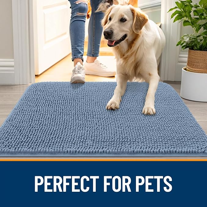 OLANLY Dog Door Mat for Muddy Paws 59x24, Absorbs Moisture and Dirt, Absorbent Non-Slip Washable Doormat, Quick Dry Chenille Mud Mat for Dogs, Entry Indoor Entryway Carpet for Inside Floor, Airy Blue