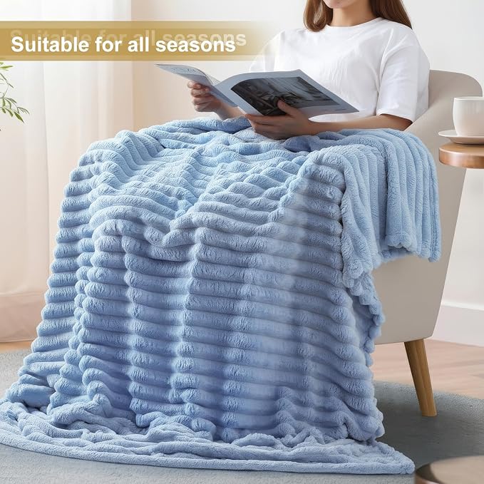 decorUhome Christmas Soft Fleece Blue Grey Blanket Queen Size for Bed, Cozy Fluffy Plush Flannel Large Striped Throws for Couch Sofa, Lightweight Decorative Fuzzy Blanket for Woman, 90x90 Inches