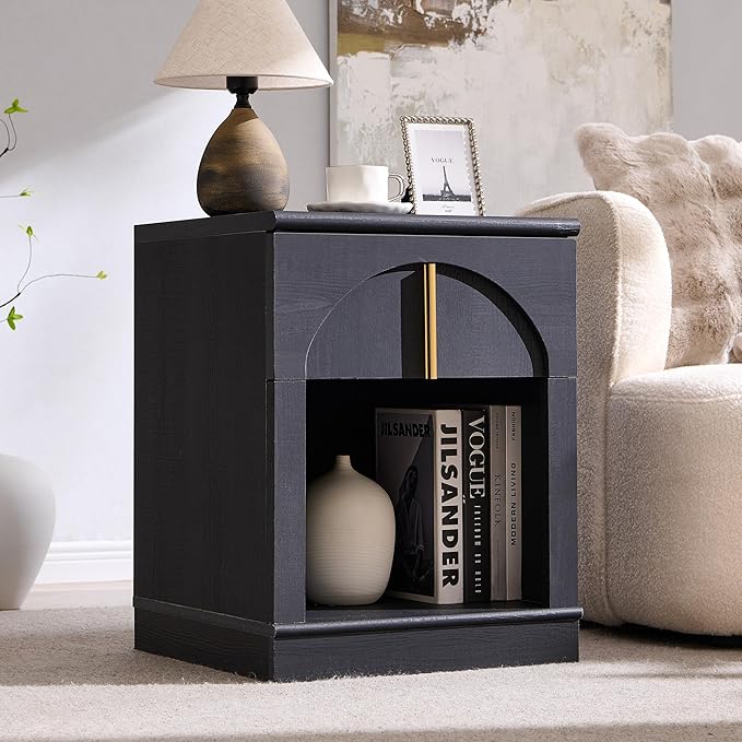 ACCOHOHO Modern Night Stand with Arched Panel,18" Wooden nightstand with Charging Station,Bedside Table with Drawer Storage,Side End Table with Open Shelf for Bedroom,Living Room,Black