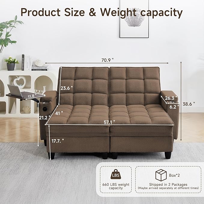 70.9" Chaise Lounge Chair Indoor, Oversized Boucle Upholstered Sofa Bed, Adjustable Backrest Deep Seat Reading Chair, Sofas Couches for Living Room with Storage, Cup Holders & 360° Swivel Side Table
