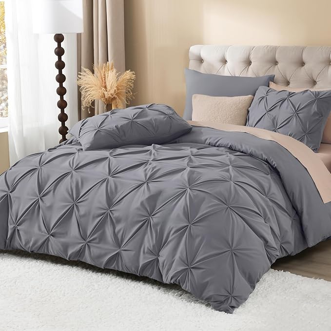 Litanika Dark Grey Oversized Queen Pinch Pleat Duvet Cover, 3 Pieces Pintuck Cover Soft Microfiber Bedding Set with Zipper Closure & Corner Ties(1 Duvet Cover, 2 Pillowcases)