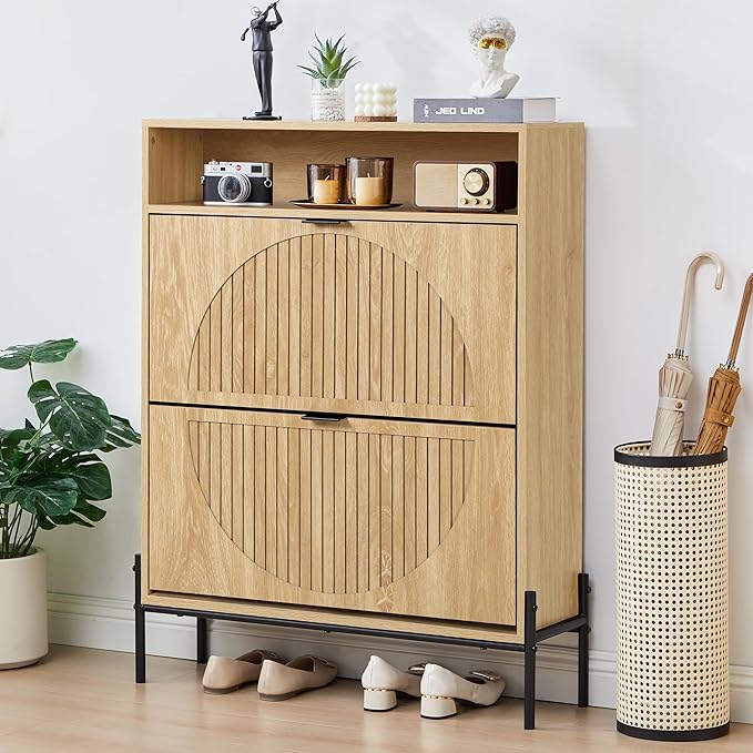 47" Fluted Large Shoe Cabinet with 4 Flip Drawers, Slim Freestanding Shoe Cabinet Organizer, Narrow Shoes Storage Rack for Entryway, 5 Sturdy Legs (All Natural-2 drawers, 9.45"D x 31.5"W x 41.93"H)