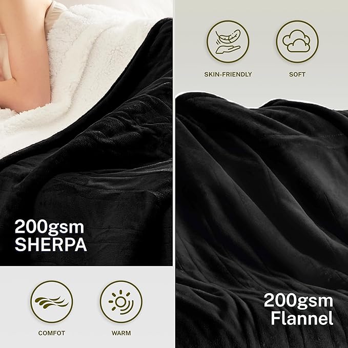 Heat Blanket 50”x60” Throw,Soft Flannel & Sherpa Reversible Electric Blanket with 10 Heat Settings,12 Timer Setting and 3 Hours Auto-Shut Off,ETL Certified Machine Washable,Black