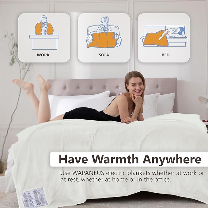 Wapaneus Heated Blanket Electric Full Size 72"x84" with 10 Heating Levels 12 Timer Settings and 8 Hours Auto-Shut Off,Flannel Fast-Heating Electric Blanket,ETL Listed Machine Washable,Ivory