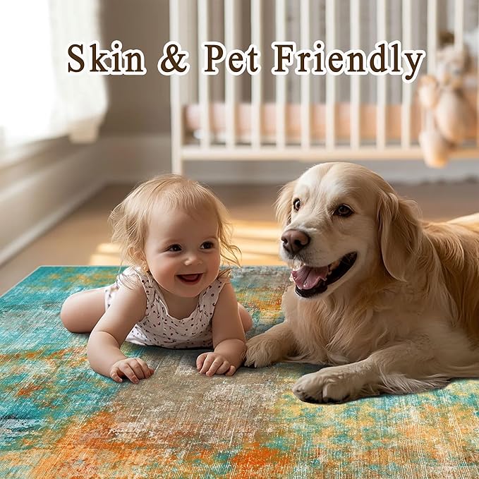 5x7 Area Rugs - Ultra-Thin Washable Rug with Non-Slip Backing, Ideal for Living Room, Bedroom, Kitchen Floor Carpet - Modern Abstract Style, Easy Clean, Durable, Low Pile Rug, Rosy Clouds