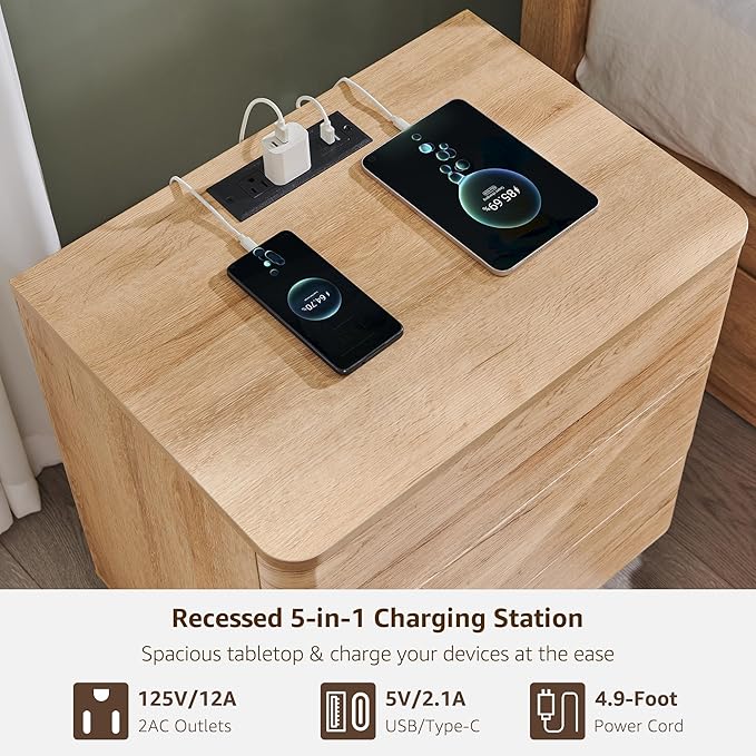 ACCOHOHO 22" Modern Nightstand Set of 2 with Charging Station, Push-to-Open 3 Drawers Bedside Table, Large End Table with Storage, Night Stand for Bedroom, Living Room, Curved Profile, Natural Oak