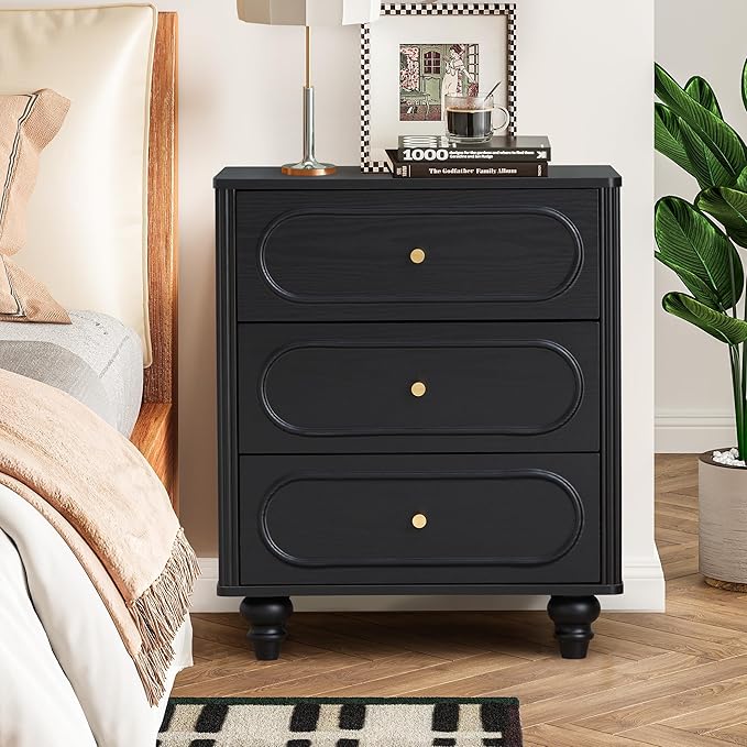 ORRD 3 Drawer Fluted Dresser for Bedroom Set of 2, Mid Century Modern Chest of Drawers, Wood Storage Small Dresser Organizer for Bedroom Living Room Hallway Closet, Black