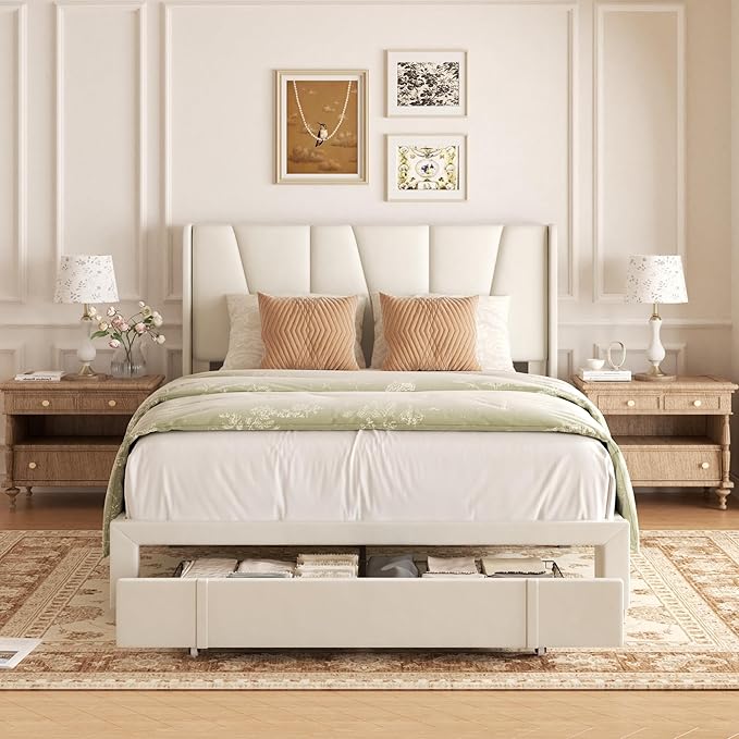 Queen Bed Frame with Storage Drawers, Upholstered Queen Size Platform Bed with 47" Tall Headboard and Wingboard, No Box Spring Needed, Noise Free, Easy Assembly, Wooden Support Slats, Beige
