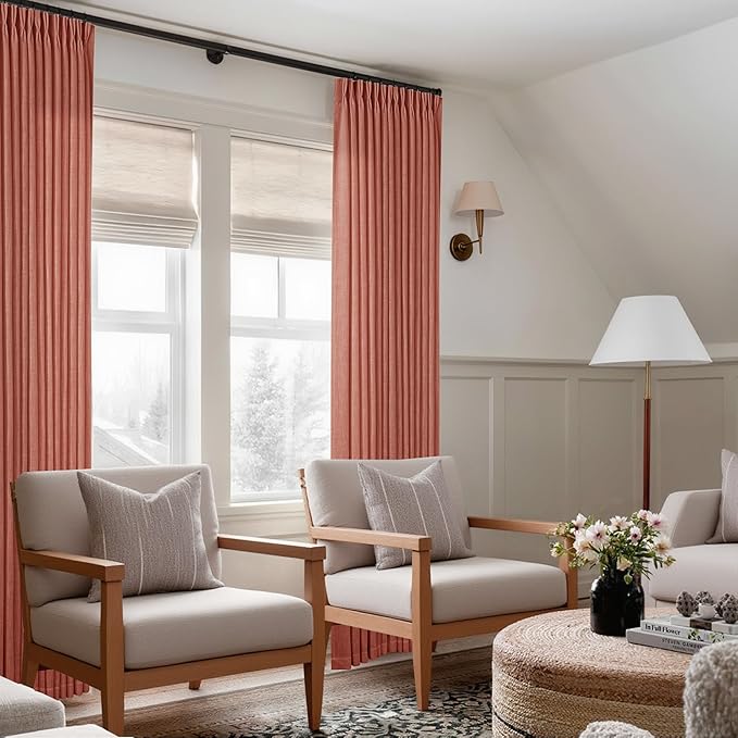 Terracotta 90 Inch Linen Curtains Pinch Pleated for Living Room Bedroom Dining Boho Light Filtering Pinch Pleat Drapes Hooks Rings Back Tab Semi Sheer Red Clay Autumn Fall Window Curtains 2 Panels