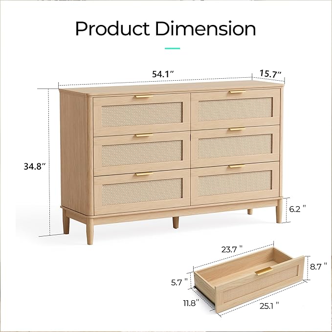 LINSY Rattan 6 Drawer Dresser for Bedroom, 54" Wide Mid-Century Modern Tall Chest of Drawers, Deep Storage Dresser with Curved Corner Design, Large Accent Wood Cabinet for Bedroom, Oak