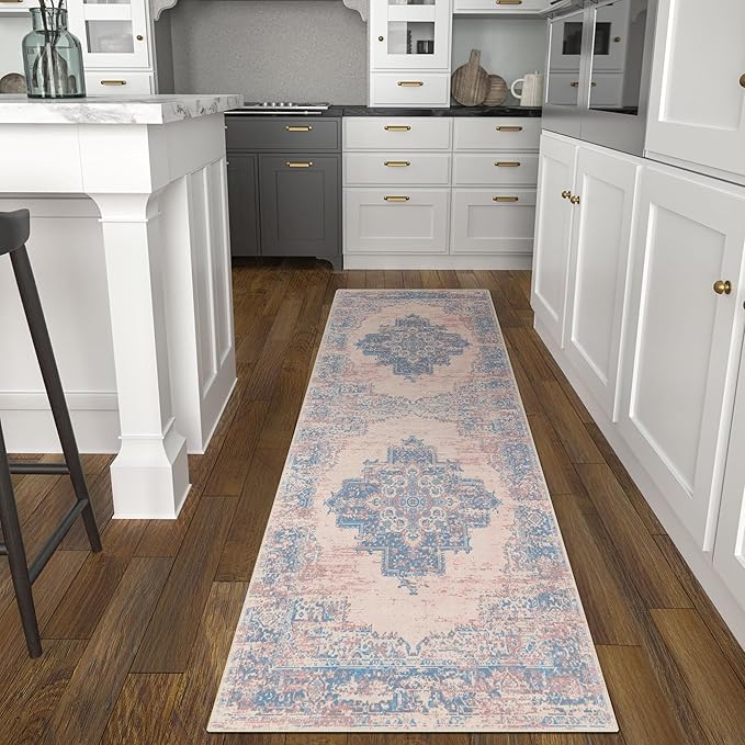 vivorug Runner Rug 2'x7' Machine Washable Non-Slip Runners for Hallways Kitchen Entryway Laundry Room Vintage-Inspired Carpet Hallway Runner Pink