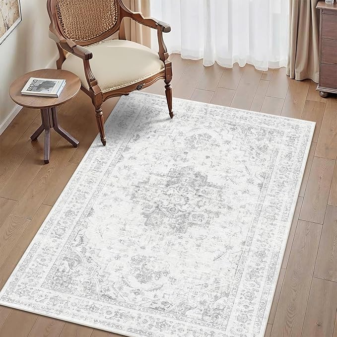 3x5 Vintage Washable Area Rugs Boho Medallion Large Distressed Retro Accent Carpet Floral Non-Slip Soft Low Pile Indoor Throw Rug for Living Room Bedroom Dining Room Office Kitchen, Gray