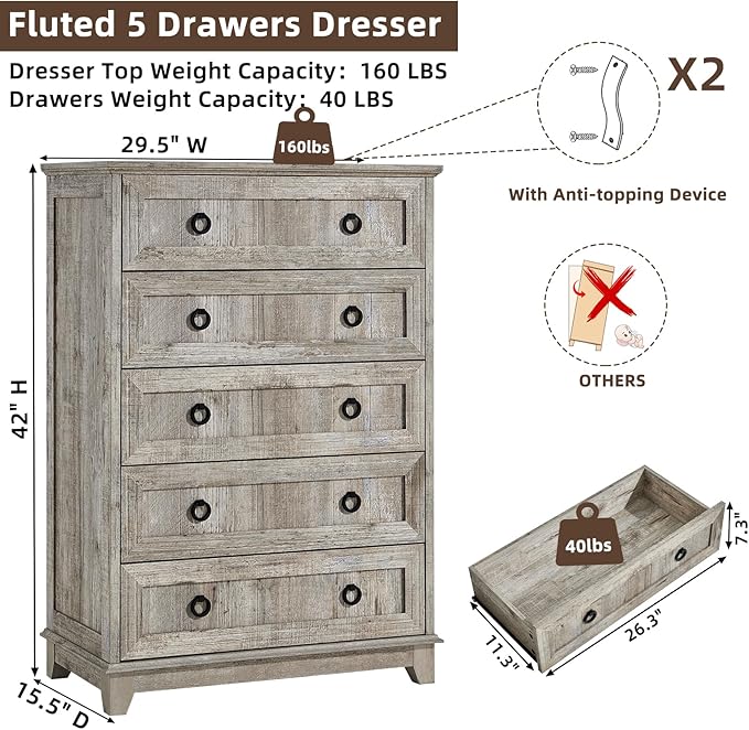 Farmhouse 5 Drawer Dresser for Bedroom Set of 2, 42" Tall Small Dressers & Chest of Drawers, Rustic Wood Dresser with Metal Handle, Storage Organizer Closet for Living Room, Hallway,Entryway