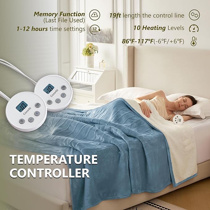 Heat Blanket 84”x90” Queen Size-Dual Control，Soft Flannel & Sherpa Electric Blanket with 10 Heat Settings,12 Timer Setting and 8 Hours Auto-Off,ETL Certified Machine Washable,Light Blue