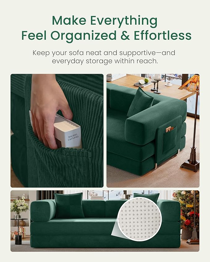 78.8" Convertible Sofa Bed,Corduroy Futon Couch with Storage Pocket,Folding Pull Out Futon Sofa,No Assembly Boneless Couch for Living Room, Emerald Green | Convertible Sofa Bed, Boneless Couch, sofa for living room, sleeper sofa, modular sofa