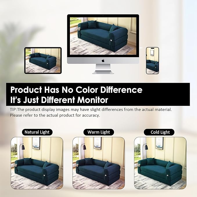 80" Convertible Sofa Bed, 3-in-1 Corduroy Folding Pull Out Couch with Pillows, No Assembly Modern Boneless Couch Compression Sofa in Box, Floor Sofa with Side Storage Pocket for Living Room,Dark Blue
