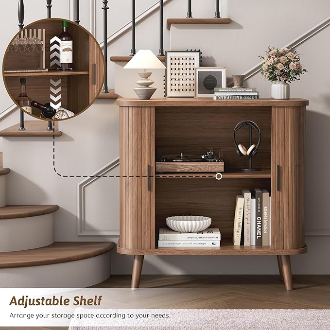 Buffet Cabinet with Storage, Curved-Edge Fluted Storage Cabinet Sideboard, Modern Walnut Sideboard Buffet with Adjustable Shelves & Sliding Door for Dining Room, Kitchen, Entryway