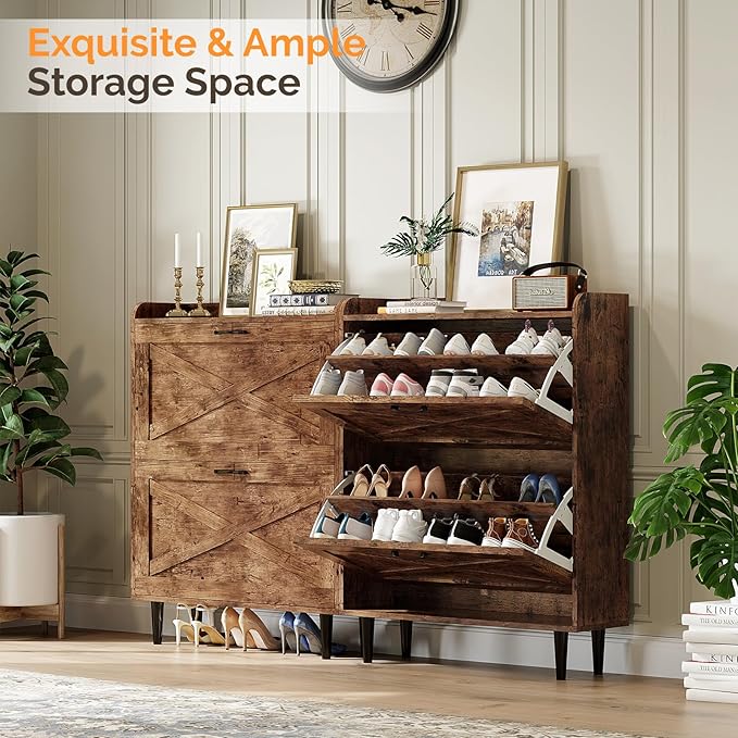 VINGLI Shoe Storage Cabinet for Entryway with 2 Flip Drawers, Ultra Slim Freestanding Entryway Shoe Organizer with Wood Tapered Legs,Hidden Closed Shoe Rack,31.6" W * 9.4" D * 39.4" H, Rustic Brown